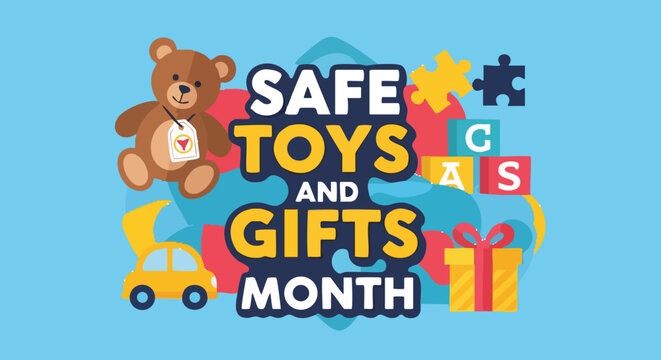 Safe Toys and Gifts Month logo with teddy bear and colorful puzzle pieces in bright cheerful lighting for holiday marketing