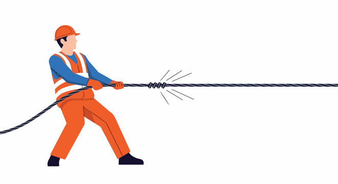 Construction worker in orange overalls pulls a thick cable