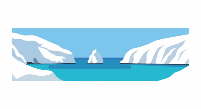 Abstract icebergs float in bright turquoise water under a light blue sky