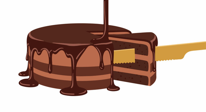 Decadent chocolate cake with rich frosting, being sliced by a golden knife