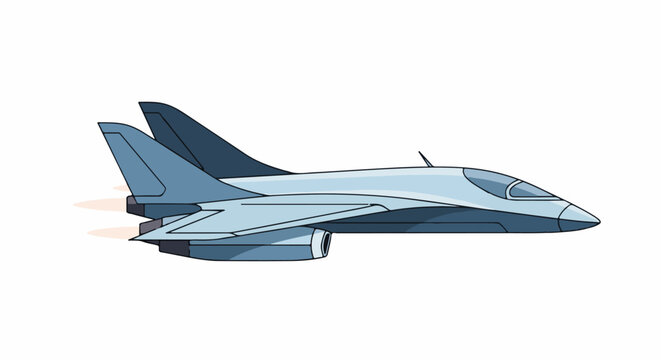 A sleek, blue fighter jet is depicted in profile with engines firing