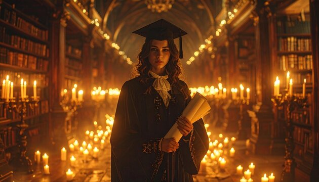 holding a diploma scroll against a backdrop of thousands of warmly lit candles, creating a magical, academic and cinematic atmosphere. The architecture of the library filled with old wooden bookshelvt