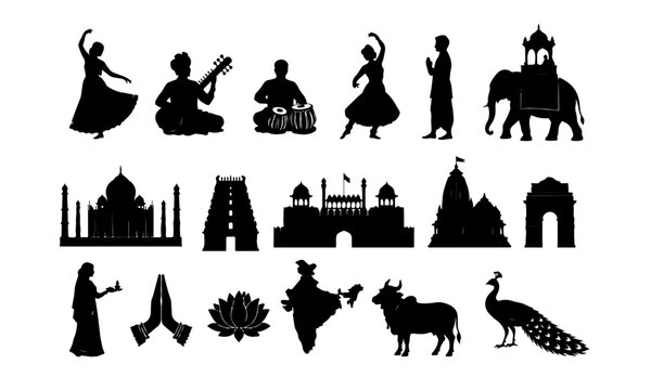 Indian Culture Icons Silhouette PNG transparent background 