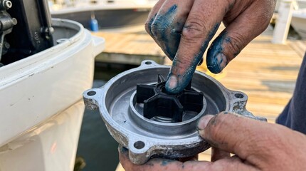 Obraz premium Dirty hands are repairing a boat engine on a dock during a summer day.