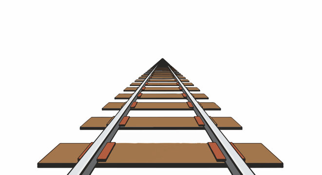 A converging perspective of train tracks stretching into the distance on a white background