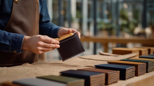 Artisan leather goods maker burnishes the edge of a bifold wallet with a wooden tool, rows of finished wallets in earthy tones arranged on burlap behind them, workshop windows flooding the scene