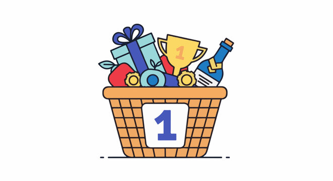 Gift basket with trophy, bottle, and presents, featuring the number one
