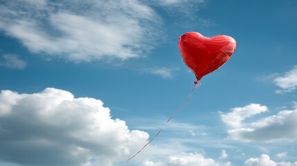 Fototapeta premium A vibrant red heart-shaped balloon glides gently through the air, soaring high above cotton-like clouds on a beautiful day. The sheer joy of the moment captures the essence of love and freedom.