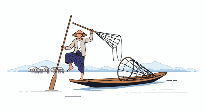 Fisherman in a boat with net, traditional stilt houses on water