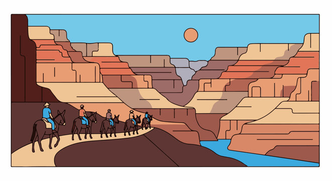A group of people ride mules along a path in a grand canyon