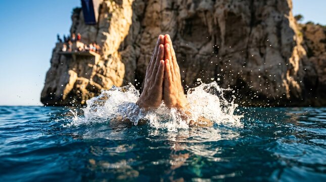 Dolphin jumps out of clear blue ocean water on a sunny summer day near a rocky cliff