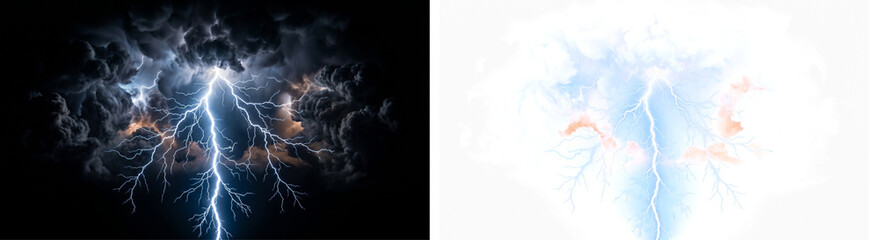 Lightning bolt striking through dark clouds on a black background and transparent background for various creative and illustrative applications in design © ATIQULISLAM