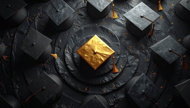 visualization of a gold graduation cap standing majestically in the middle of a collection of elegant black graduation caps on an artistic rock texture. Very suitable for use as a background for conge