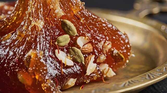 Delicious Halva Dessert with Nuts and Pistachios on a Brass Plate.