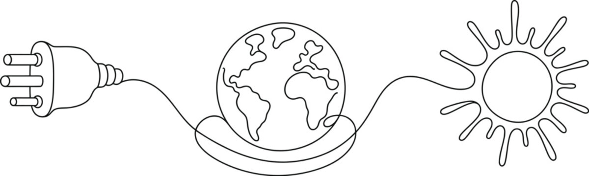 Continuous Monoline Global Solar Power Plug and Sun Vector