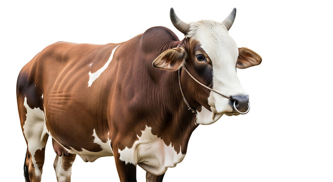 Healthy Brown and White Dairy Cow Standing in a Sunlit Green Meadow with Yellow Wildflowers