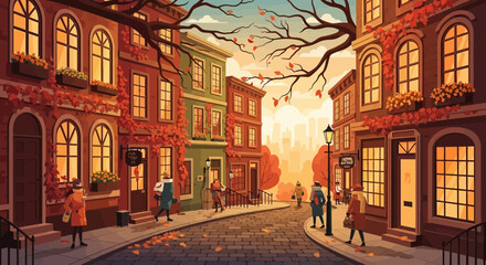 Fototapeta premium Pixel Art Autumn Street Scene with People and Buildings, Warm Cityscape