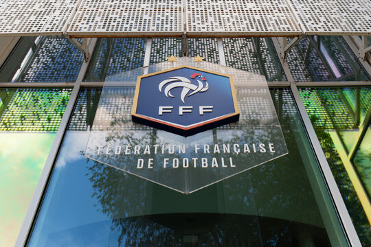 Paris, France - May 14, 2026 : Logo of office of the french football federation located on boulevard Grenelle in 15th district of Paris. Inscription in French : French Federation of football.