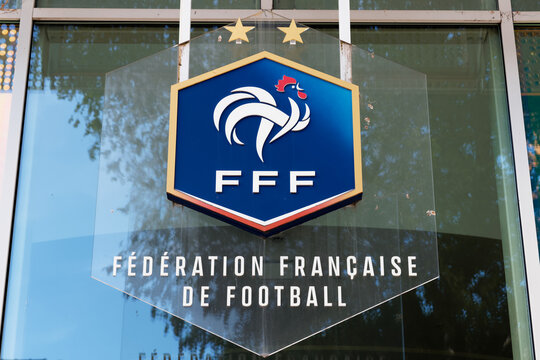 Paris, France - May 14, 2026 : Logo of office of the french football federation located on boulevard Grenelle in 15th district of Paris. Inscription in French : French Federation of football.