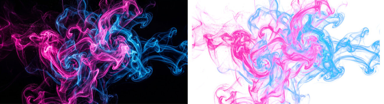 Dynamic pink and blue smoke collision with abstract particle effects on transparent background for creative graphic design and modern artistic compositions with vibrant neon color gradients
