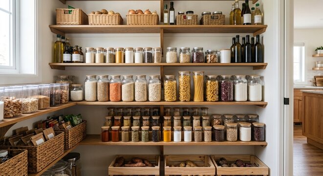 Color-sorted pantry shelves in neatly organized family kitchen