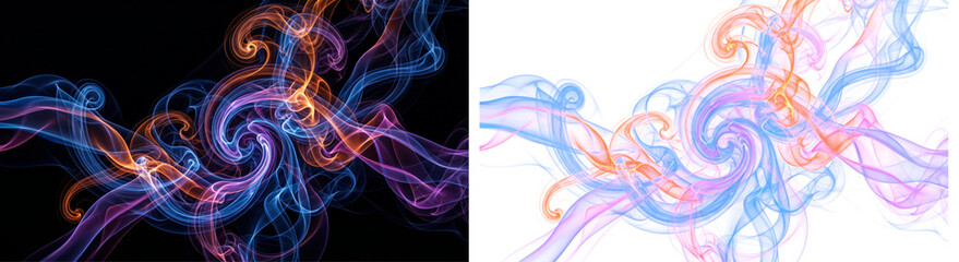 Fototapeta premium Dynamic intertwined smoke swirls in blue and orange colors creating fluid motion waves isolated on transparent background for modern artistic visual effects and creative graphic design projects