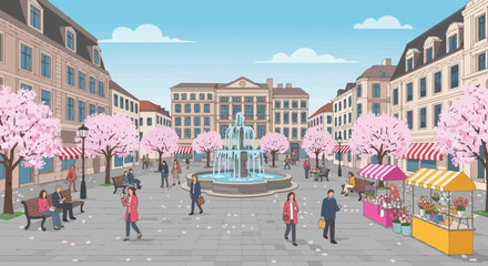 Springtime European Plaza with Cherry Blossoms, Fountain, and Market Stalls © Leo