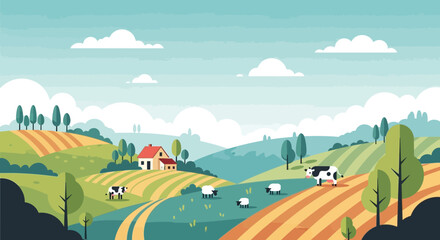 Obraz premium Pastoral Landscape: Rolling Hills, Farmhouse, Sheep, Cows, Cultivated Fields, Blue Sky
