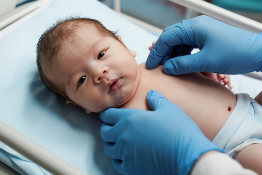 Doctor in blue gloves examines newborn baby on light blue sheet. Focus on infant face and torso. Hands carefully touch baby body in hospital ward.