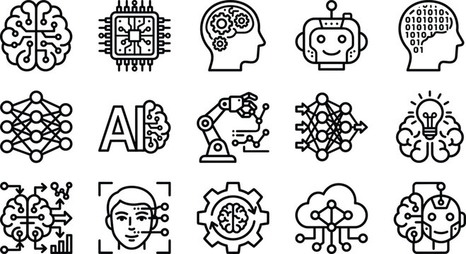 Artificial intelligence icons set with brain robot and neural network concepts