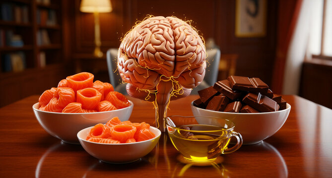 Glowing human brain model with salmon, dark chocolate, and olive oil. Healthy superfoods for cognitive function displayed on a table. Brain health nutrition concept for wellness and education.