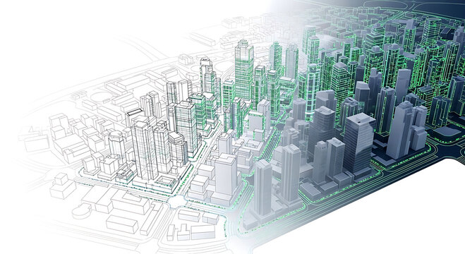 Modern city skyline transition from wireframe sketch to detailed 3D building model