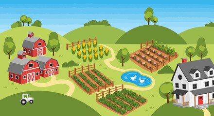 Vibrant cartoon farm landscape with barns, fields, pond, tractor, and house © Leo