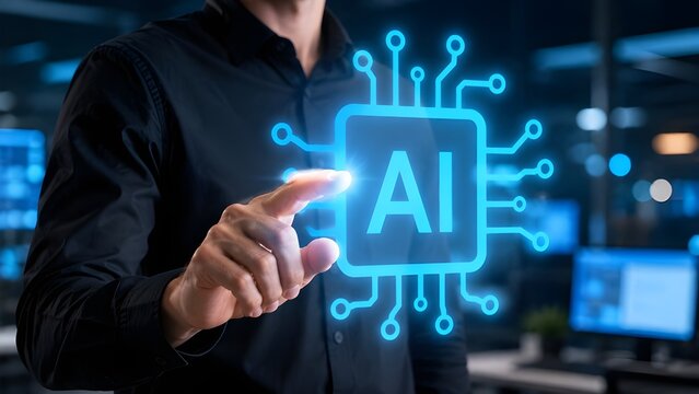 Businessman interacting with artificial intelligence AI microchip symbol on virtual interface