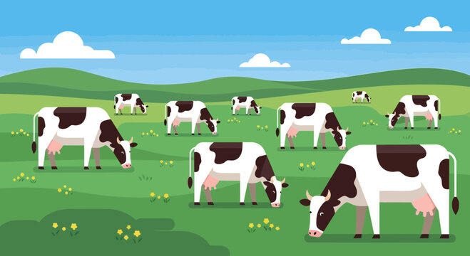 Herd of Black and White Cows Grazing in a Lush Green Meadow Under Blue Sky