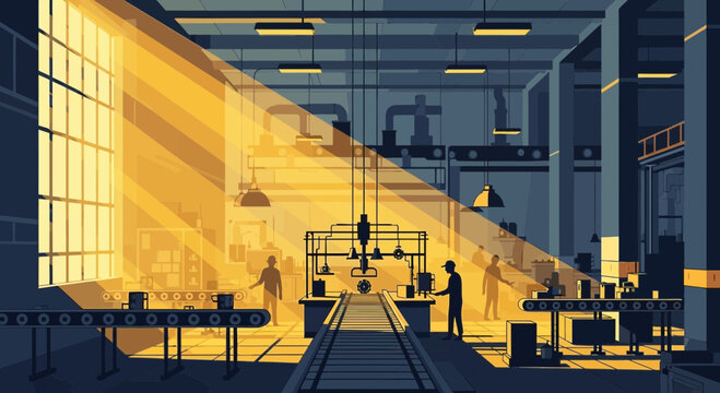 Modern factory interior with assembly line and workers in dramatic sunlight beams.