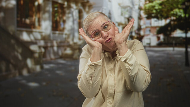 Middle aged woman with hands on cheeks and tongue out on city street wearing glasses and beige shirt, playful pose; silliness spontaneity joy.