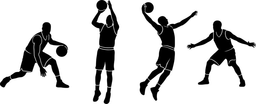 Basketball Player Silhouettes Set Featuring Action Poses Like Dribbling Shooting Defending and Slam Dunking