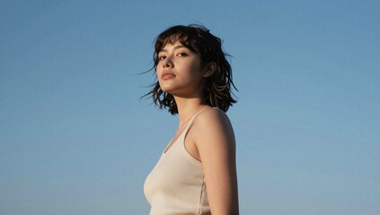 Obraz premium Young woman looks off into the distance against a cloudless pale blue sky