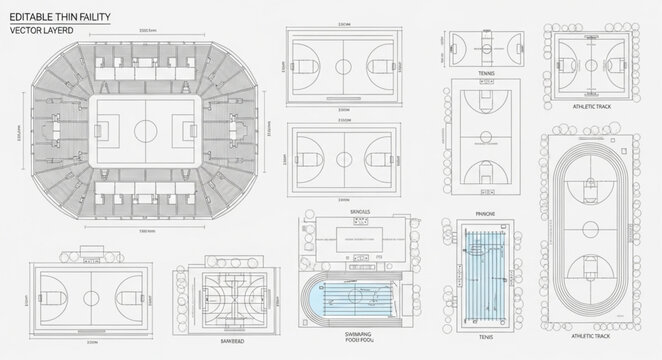 Architectural blueprints showing stadium and swimming pool designs.