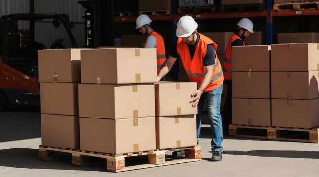 Warehouse workers in safety vests and hard hats stack cardboard boxes onto a wooden pallet. Forklift visible in background, ready for shipping and delivery operations, part of logistics.