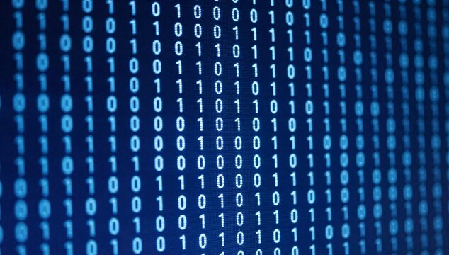 Binary code of ones and zeros displayed on a digital screen for encryption purposes