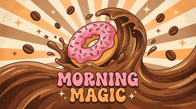 A vector drawing of a donut floating in a coffee splash with the words "Morning Magic"