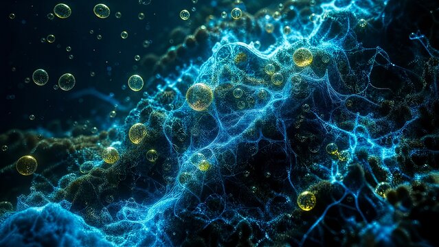 A macro view of an underwater microbial mat as a glowing, electric-blue mycelial network.