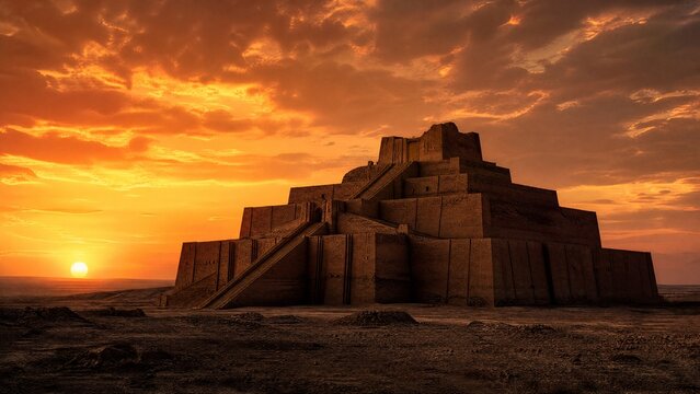 A massive stepped ziggurat ruin under a dramatic sunset sky, silhouette view.