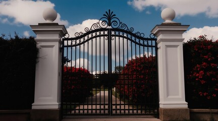 Fototapeta premium Ornate iron gate opens to rich garden and blue sky. White pillars frame entranceway with red flowering bushes. Pathway leads to estate beyond. Hope and opportunity.