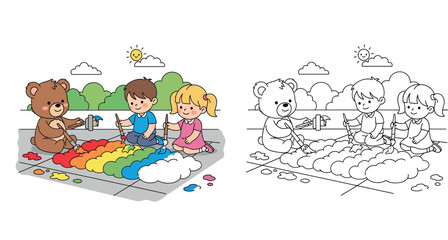 Obraz premium Cute Cartoon Kids and Bear Painting a Rainbow Outdoors on Sidewalk