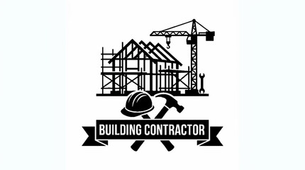 Naklejka premium Construction Site Logo: Building Contractor, Crane, House Frame, Tools, Hard Hat