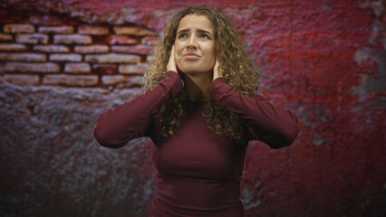 Fototapeta premium Young woman with curly hair pressing hands to ears and closing eyes against imagined noise in studio; anxiety.