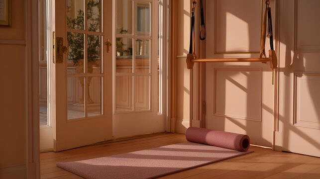 Pull-up bar wedged in doorframe of a small apartment, yoga mat rolled beside scuffed baseboards, hand grips hanging nearby, morning coffee steaming on kitchen counter steps away, ideal for home